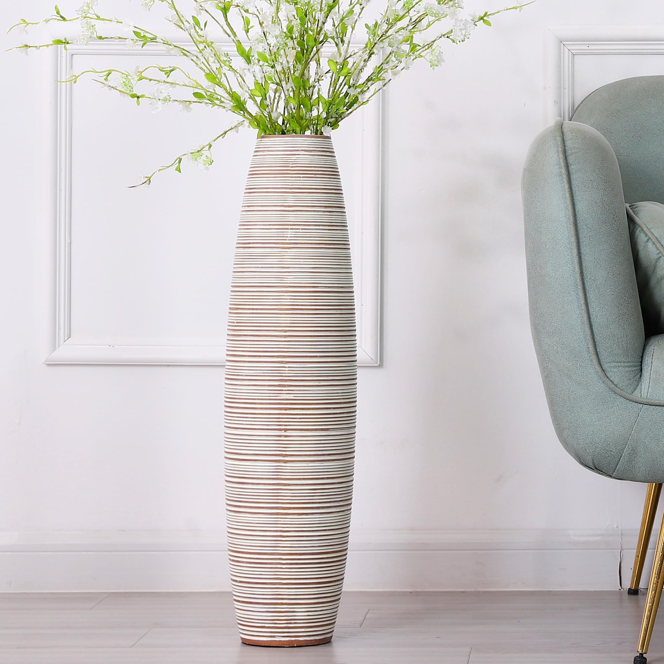 Decorative Tall Floor Vase for Living Room Decor, 26 inches, White Wash, Resin