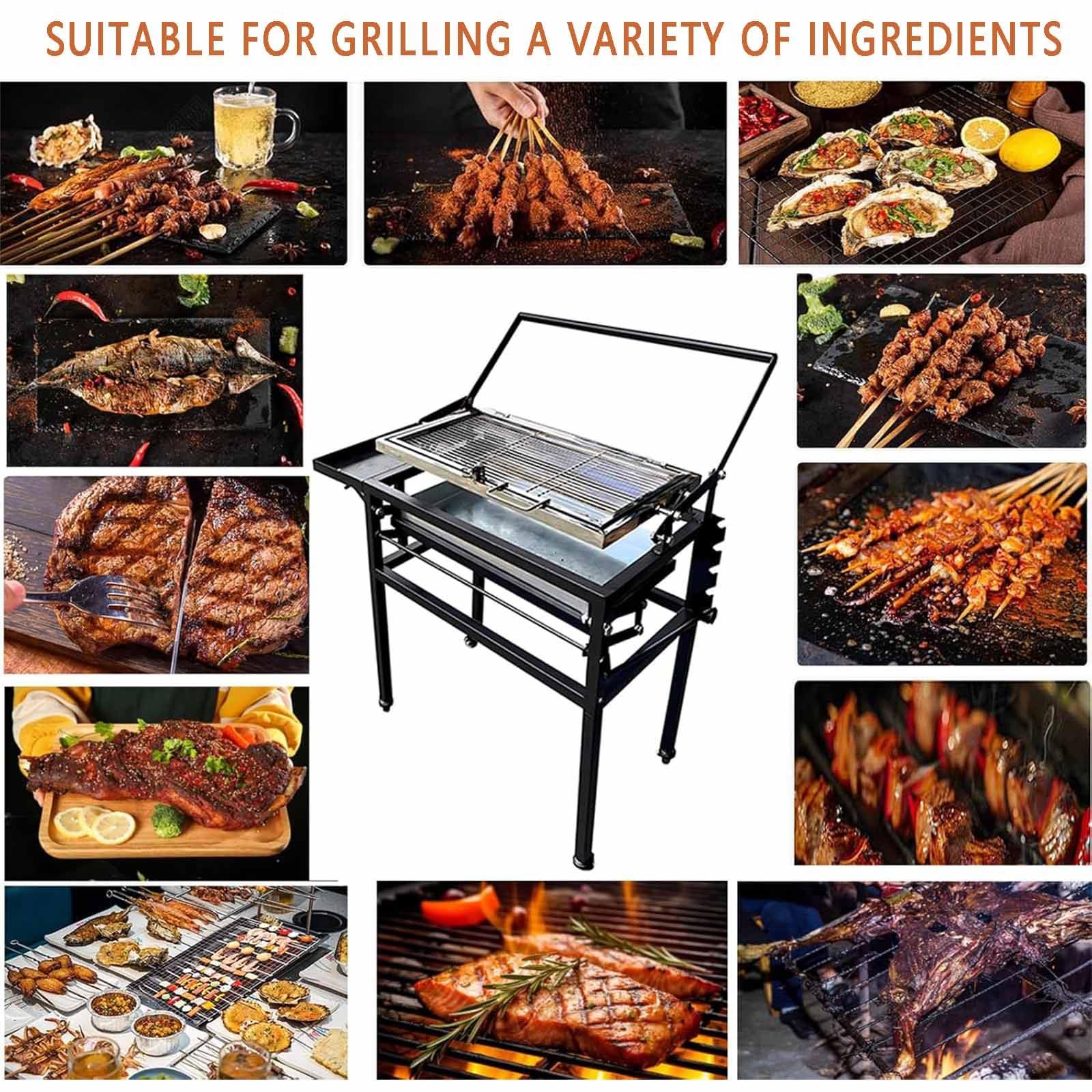 Grill węglowy z wózkiem, wytrzymały kwadratowy grill zewnętrzny, wyjmowany, obrotowy ruszt do gotowania o 360 stopni, stojący grill do gotowania z kółkami do biwakowania