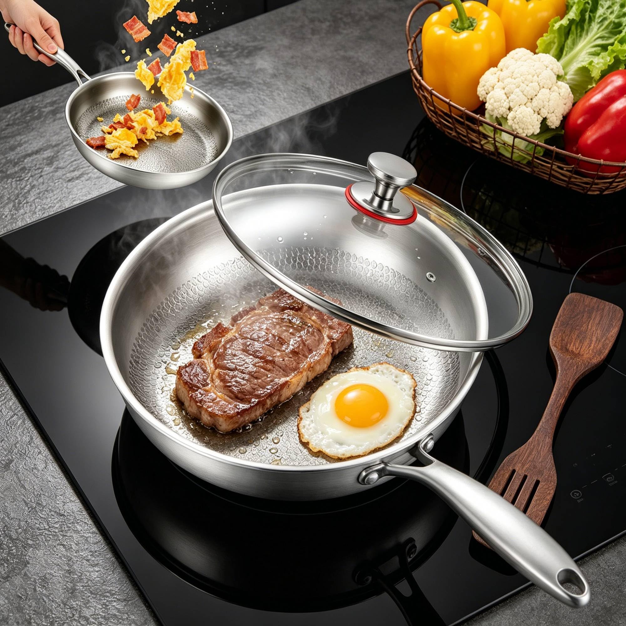 Bratpfanne 30 cm Antihaft Wabenpfanne mit Deckel & Holzpfannenwender, Titan-Pfanne Edelstahl-Induktionsboden, für alle Herdarten geeignet, ofen- und spülmaschinenfest, PFOA frei