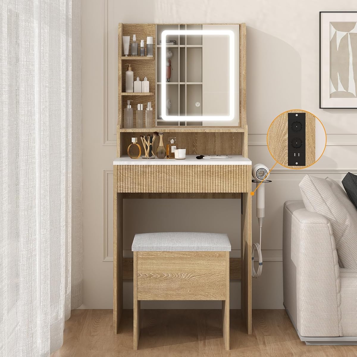 Fullwatt Schminktisch mit Beleuchtung und Steckdose, Frisiertisch mit Spiegel, 1Schubladen und 3Ablageböden, 3 Farben, Einstellbarer Helligkeit, Hocker mit Stauraum Ausgestattet und Haartrocknerhalter
