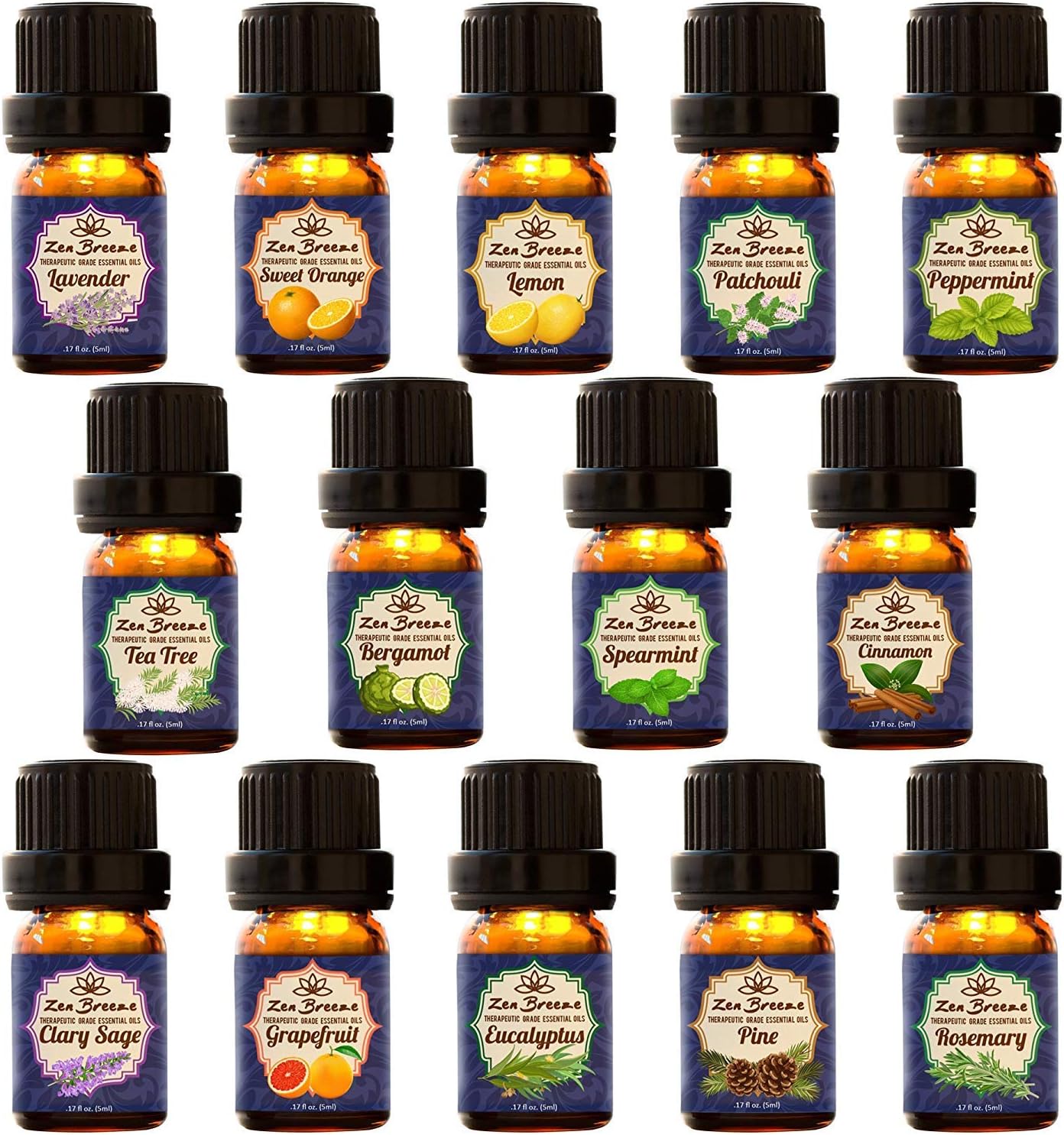 Essential Oils for Oil Diffuser - Top 14 Aromatherapy Essential Oils - 100% Pure Therapeutic Grade - Lavender, Eucalyptus, Lemon, Peppermint, Sweet Orange, Tea Tree, Bergamot, +8 More, by Zen Breeze