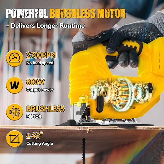 Cordless Jig Saw Compatible with Dewalt 18V 20V, Electric Jigsaw Cut Off Tool, 800W 2700RPM Jig Saw, 3 Orbital Action, ±45° Bevel Cutting Angle, 6 Replacement Blades for Wood Metal Plastic