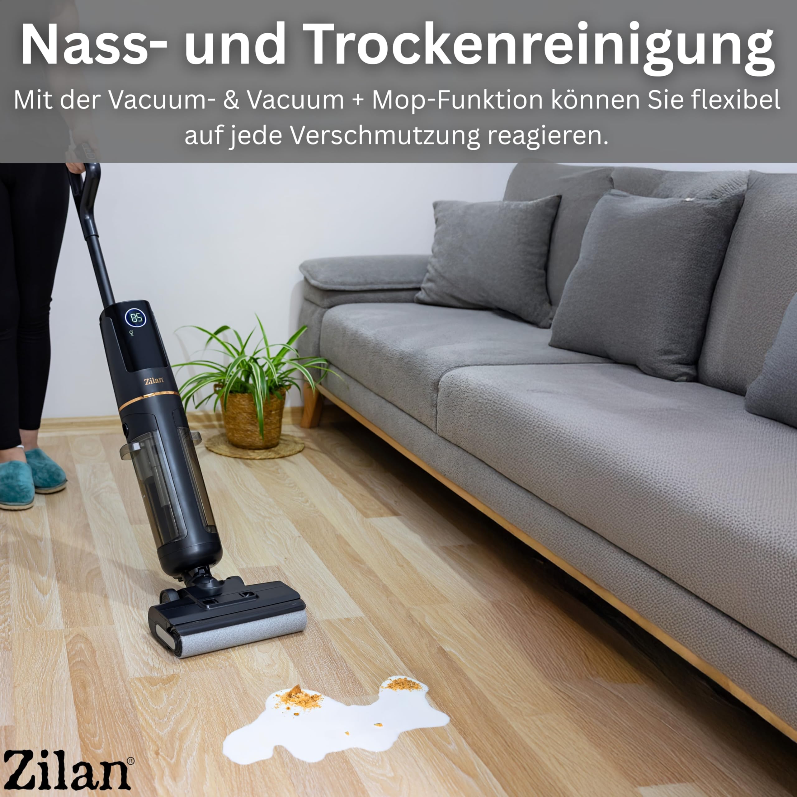 Zilan Akku Nass-Trockensauger mit Wischfunktion – Kabelloser Wischsauger & Staubsauger, Nass-Trocken-Sauger 2-in-1 Saugwischer Akkusauger Bodenreiniger für Alle Hartboden, BLDC-Motor Selbstreinigung