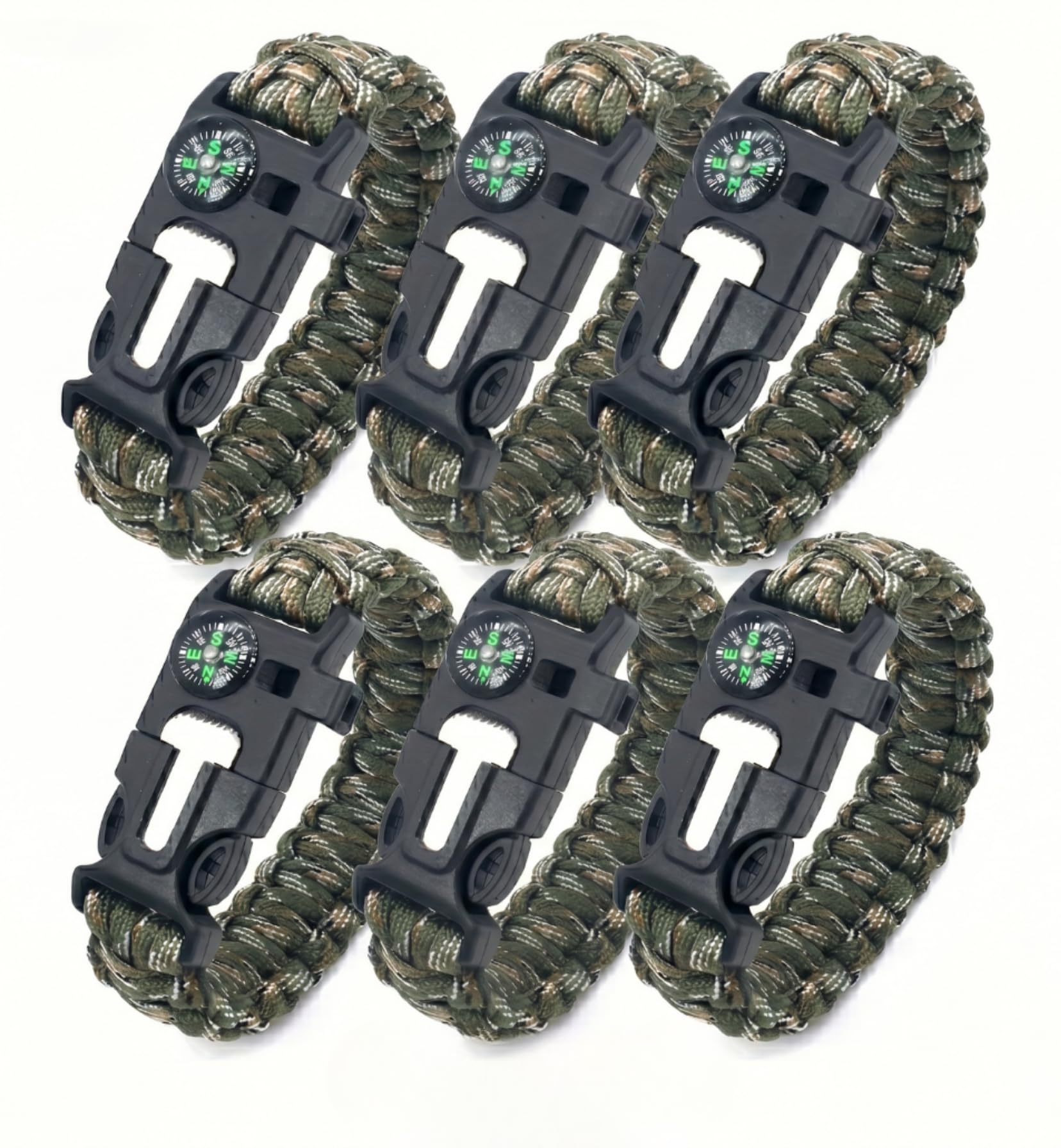 Lot de 6 bracelets multifonctions 5 en 1 avec boussole, sifflet, briquet, outil de coupe et corde d'urgence pour la randonnée et le camping - Vert