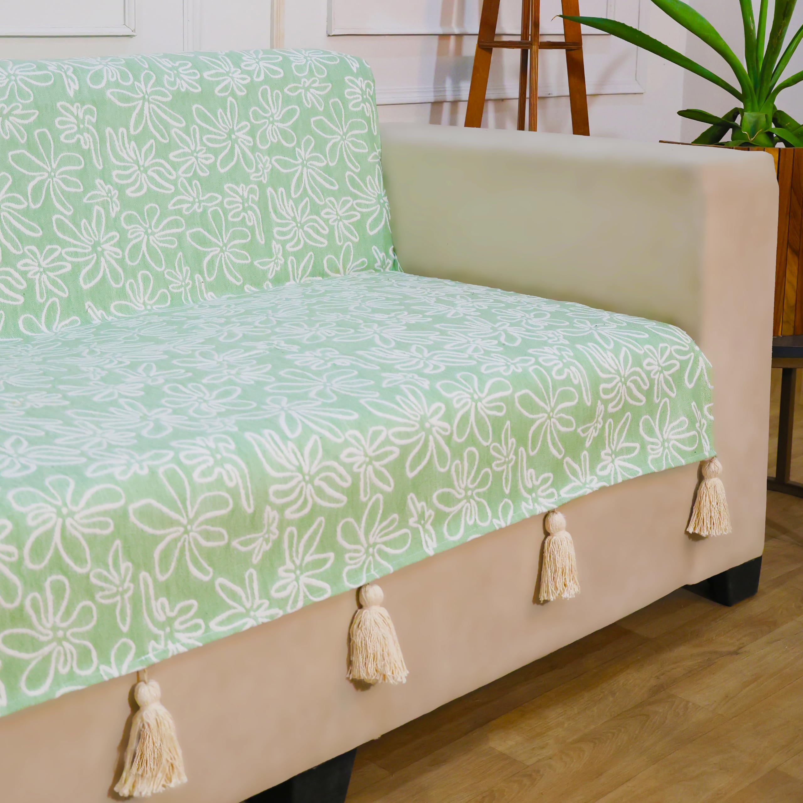 STITCHNEST 'Verdant Phool Stories' 3 Seater Sofa Cover – Full Coverage| Elegant Jacquard Fabric, Decorative Tassels, Washable & Durable for Modern Living