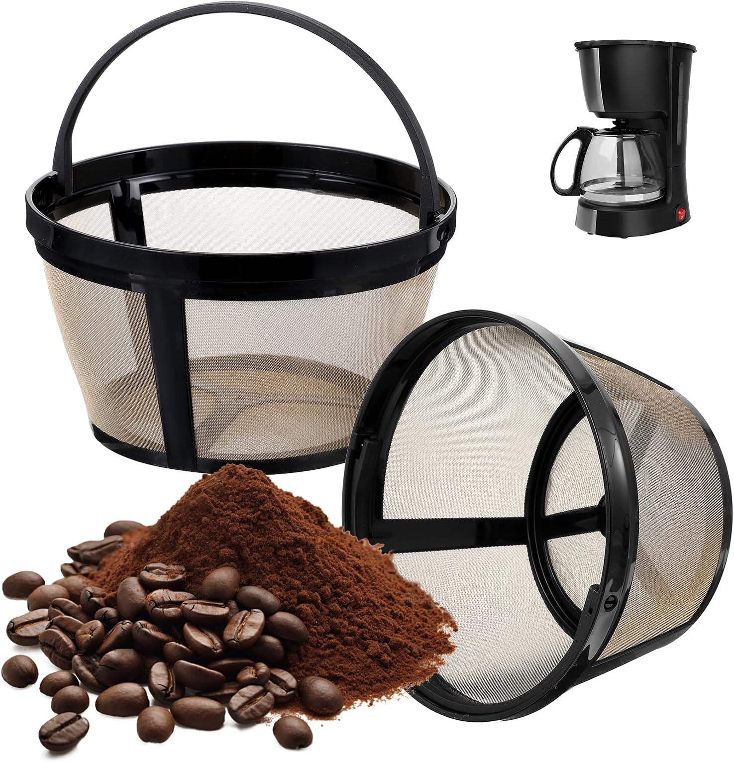 Nogeqi 2 Pack Reusable Coffee Filters 8-12 Cup with Closed Bottom, Basket Coffee Filters with Handle, Compatible with Most Coffeemakers