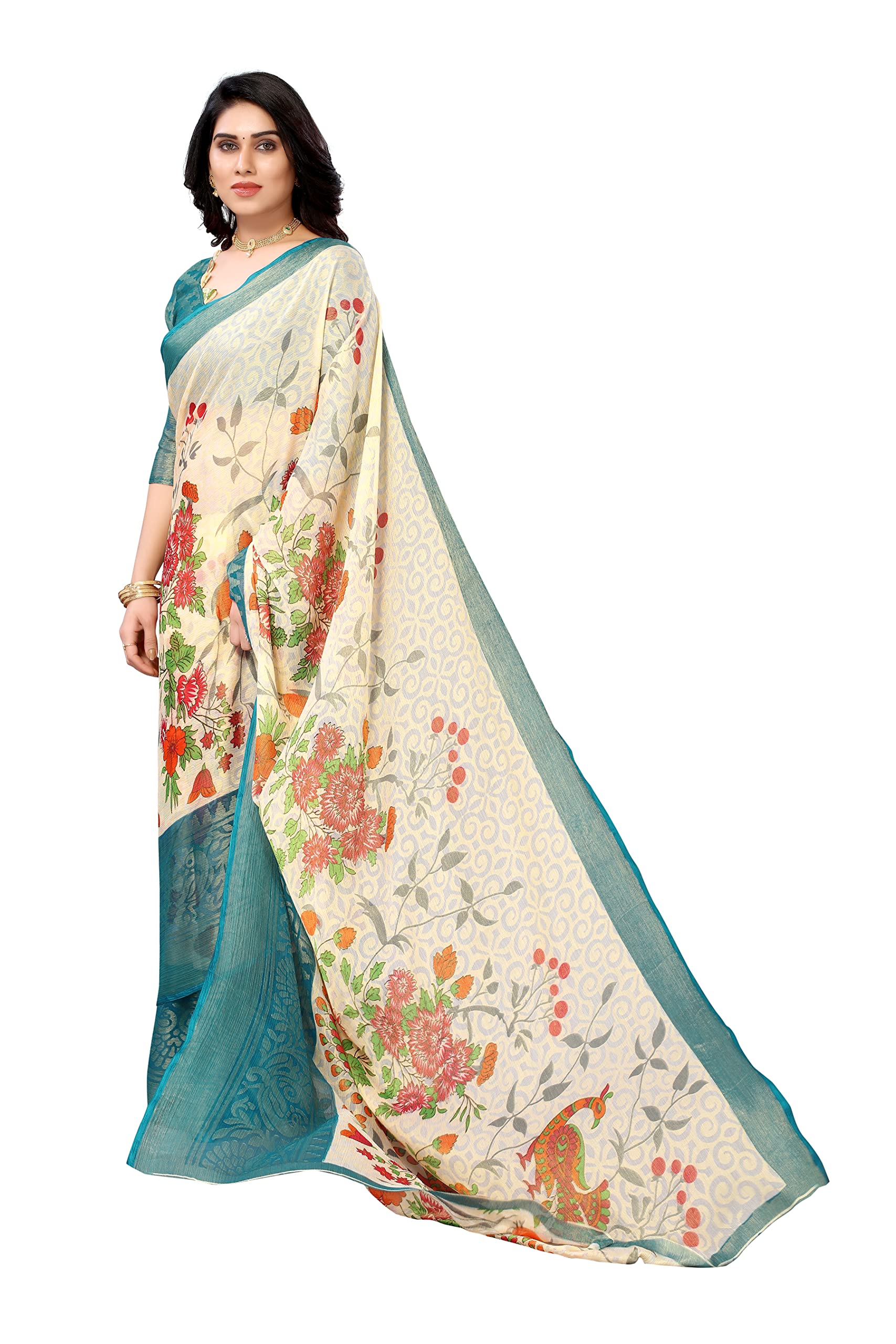 Bee M Pee Designer Women's Chiffon Brasso Printed Saree with Blouse Piece (PS Brasso B08 B)