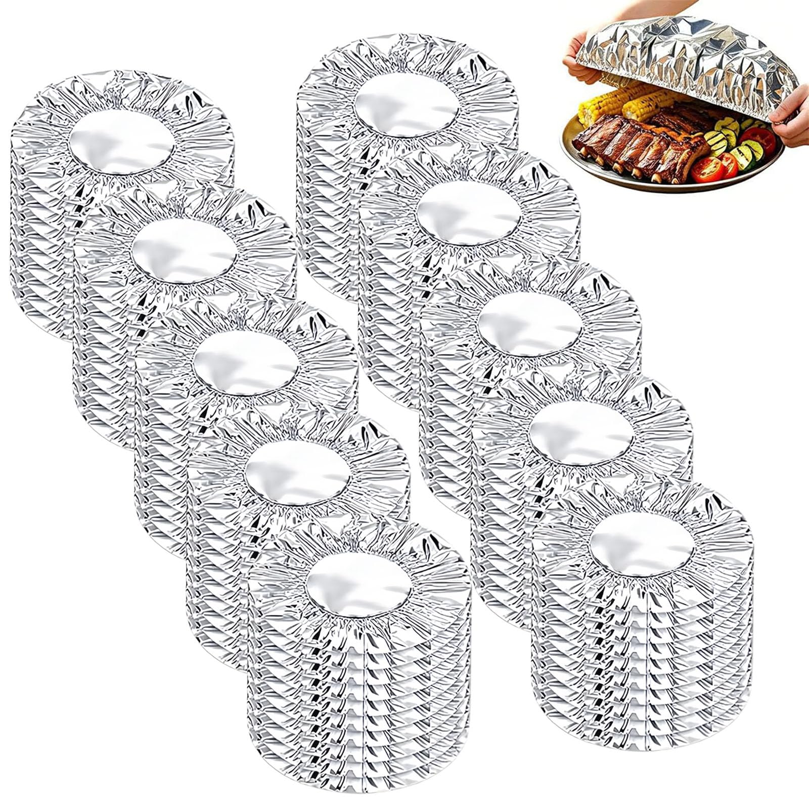 Reusable Aluminum Foil Food Covers, Stretch Elastic Aluminum Foil Covers for Kitchen, Parties, Picnics & Leftovers (100Pcs)