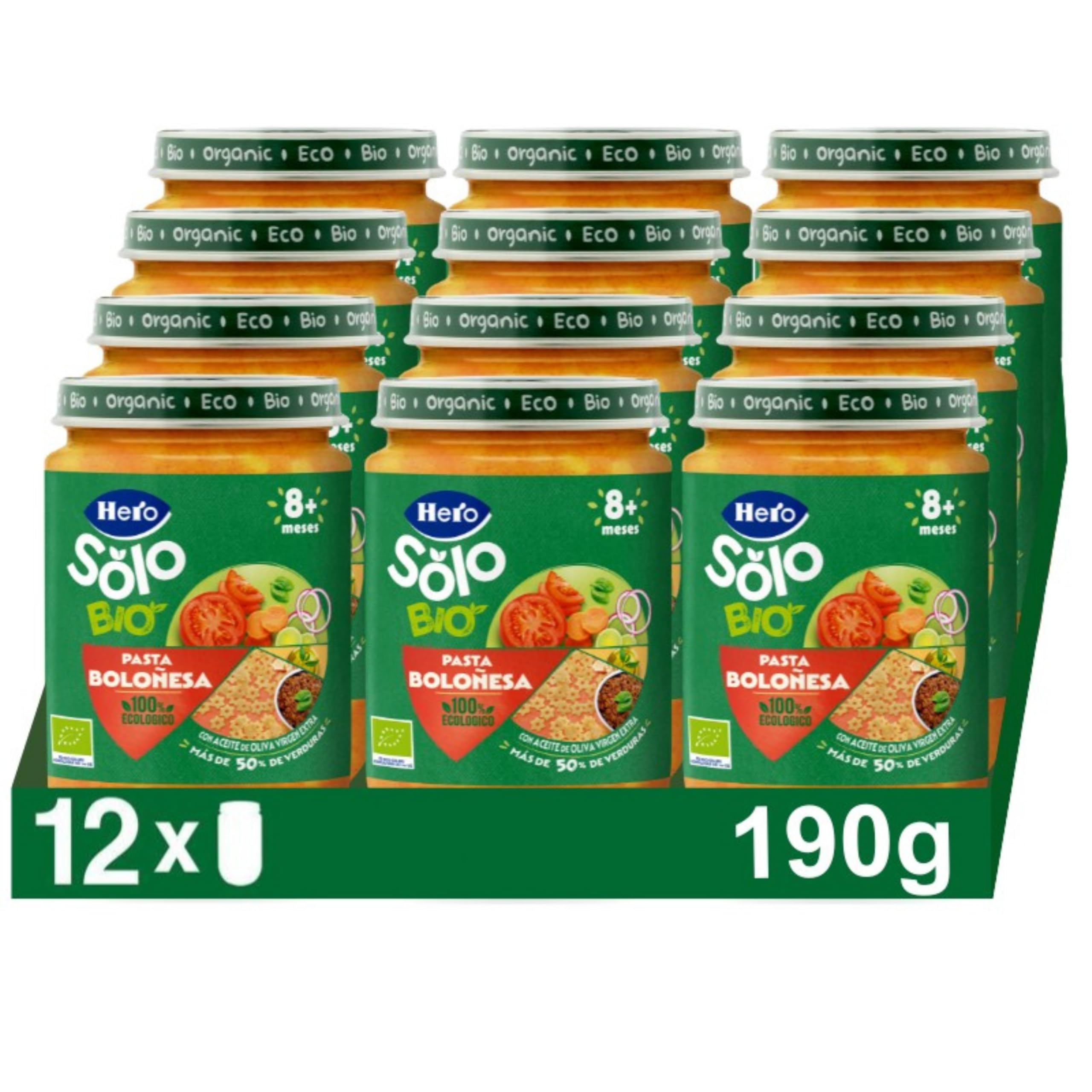 Hero Solo Potitos de Macarrones con Tomate 100% Eco y nada más, Apto para Veganos y Bebés Desde 6 Meses - Pack de 12 x 190 gr