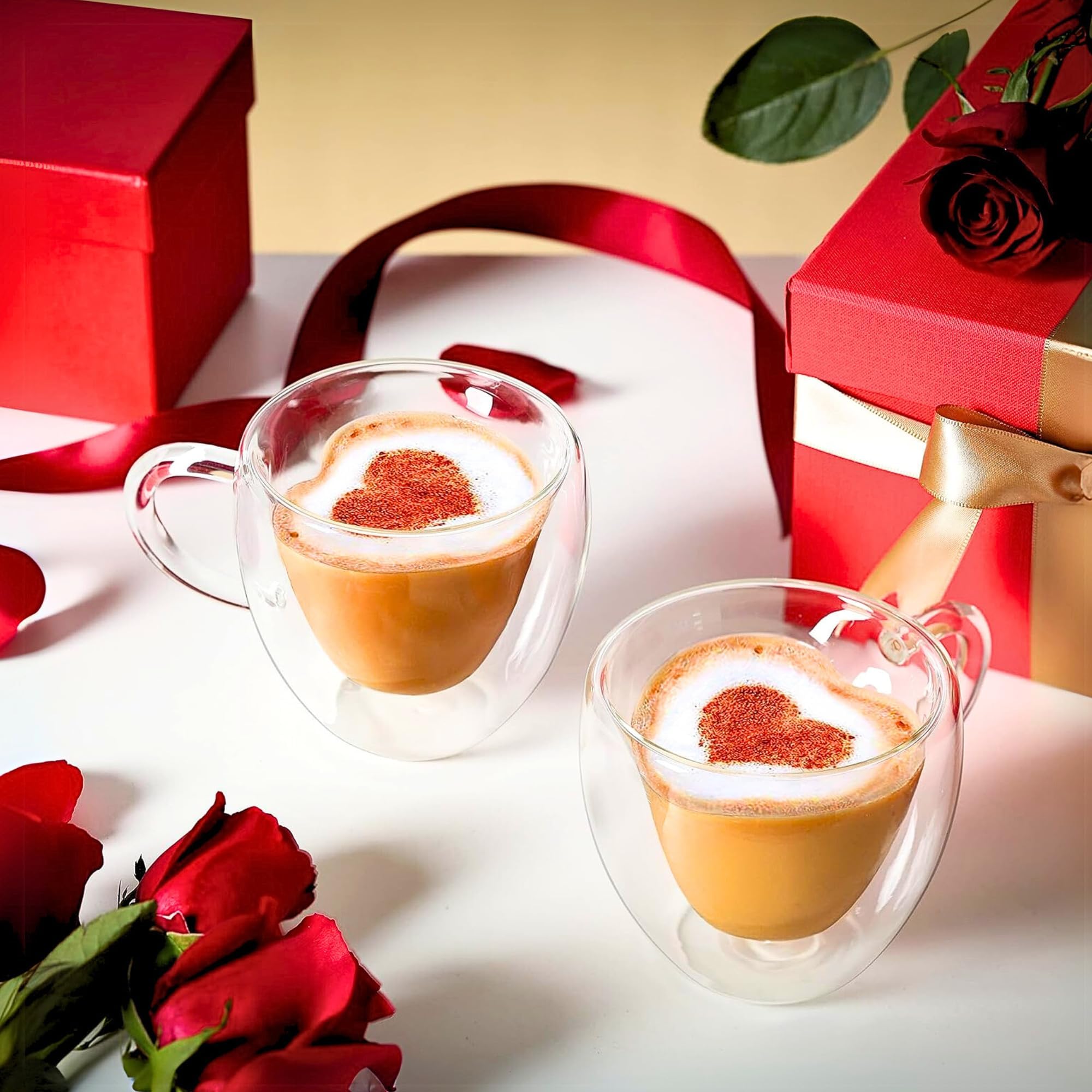 1CHASE Heart Shaped Double Wall Glass Coffee Mug With Handle Set Of 2Pcs 180ML – Borosilicate Cup for Tea, Coffee, Espresso – Romantic Valentine's Day Present for Couples, Him & Her