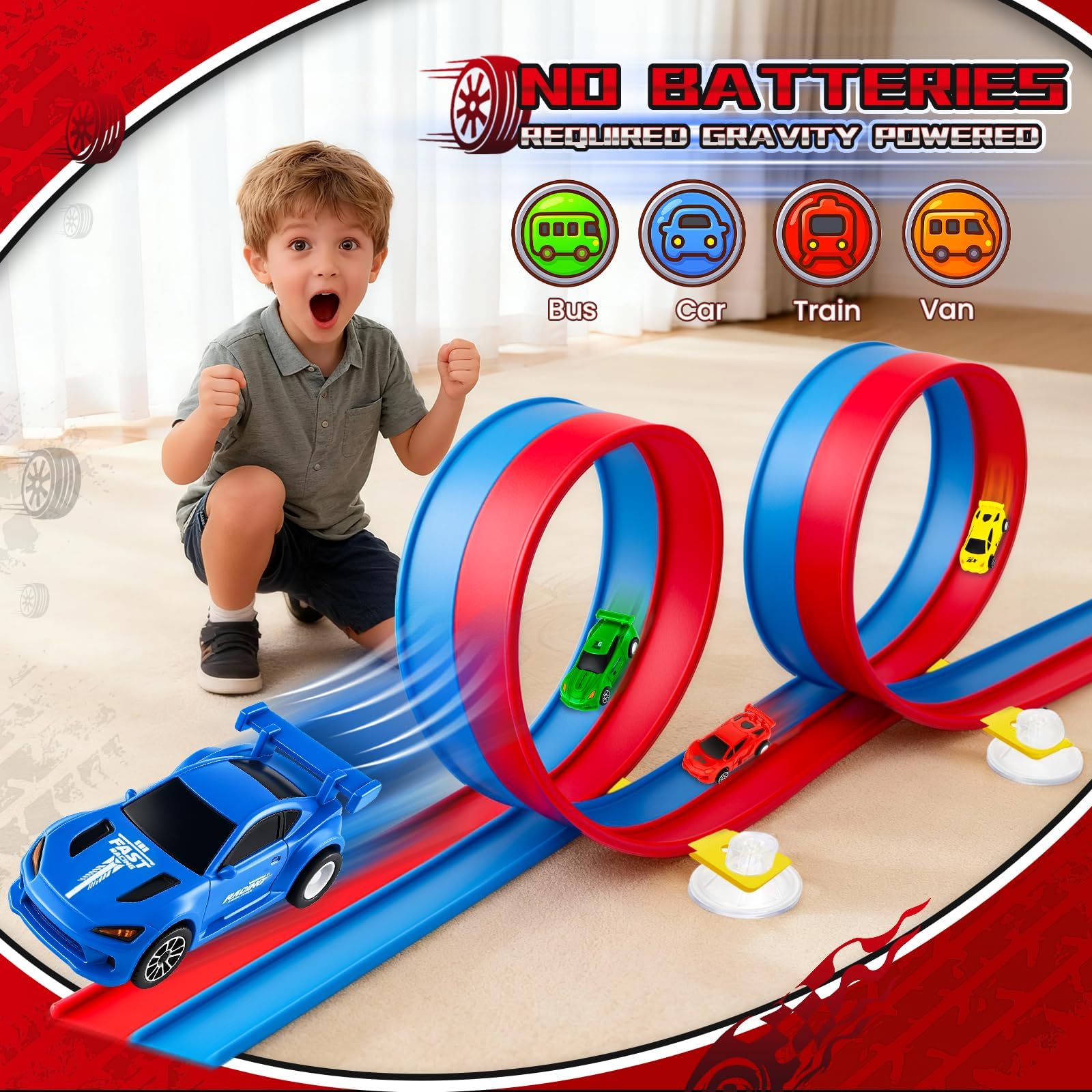 Pista Macchinine Arrotolabile 6M per Bambini 3 4 5 6 7 Anni, Giocattolo Circuito di Corse Flessibile e Portatile con 4 Auto, Compleanno Natale Regalo per Ragazzi e Ragazze, Blu e Rosso