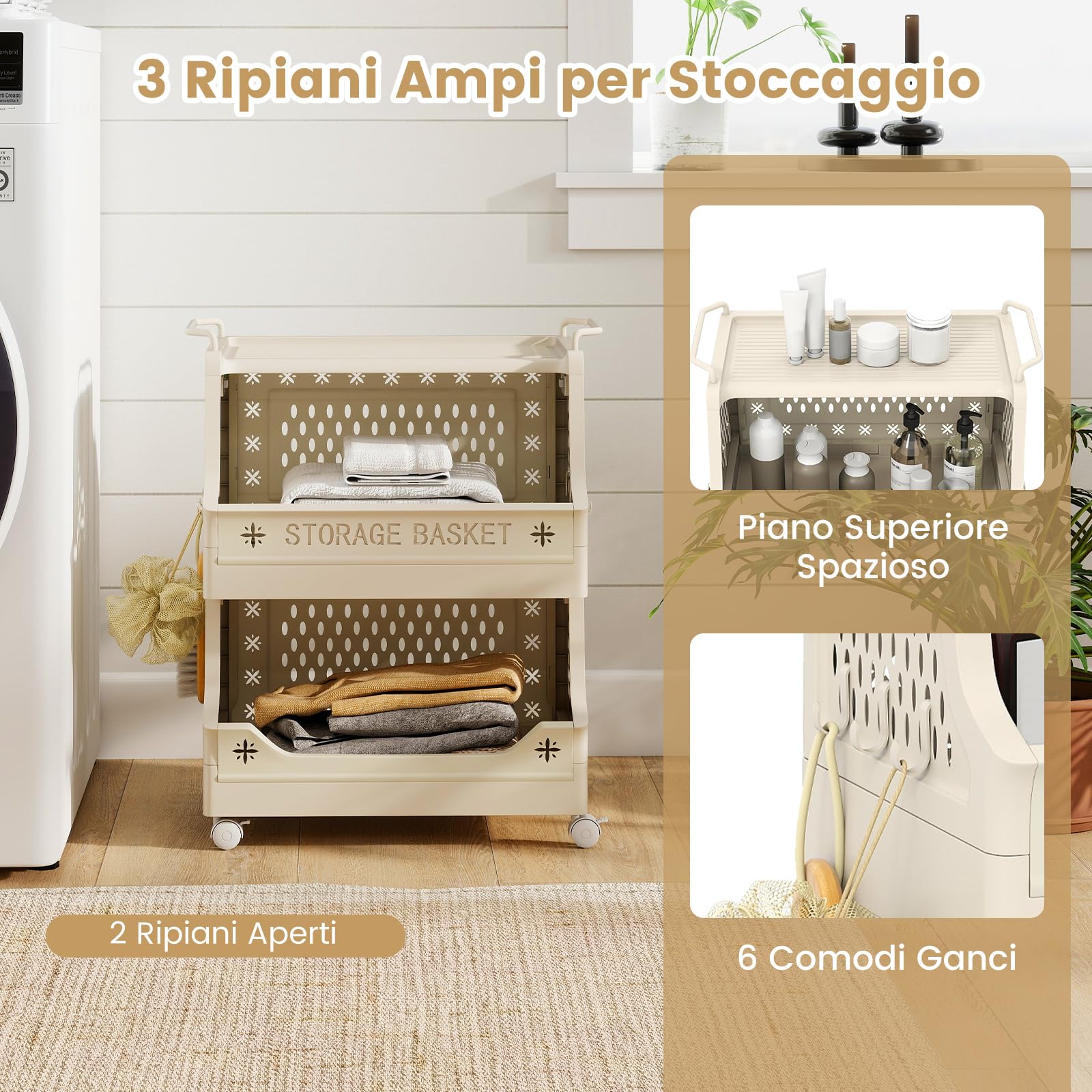 COSTWAY Carrello Portaoggetti Impilabile a 3 Piani con Ruote, Organizzatore in Plastica con Maniglie e Ganci, per Lavanderia, Bagno e Soggiorno (3 Livelli)