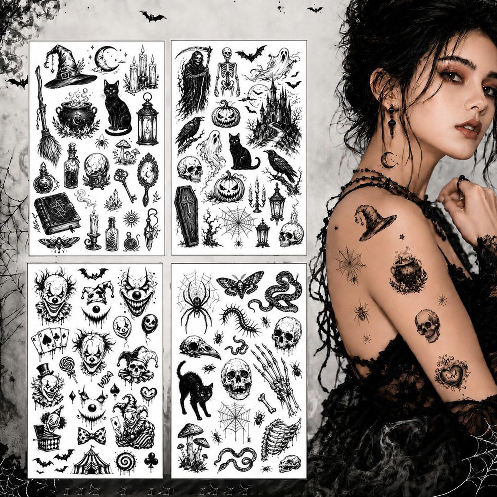 Dark Gothic Sticker Crow Skull Spider Bat Snake Halloween Temporary Tattoos 4 Sheets Dark Gothic Tattoos