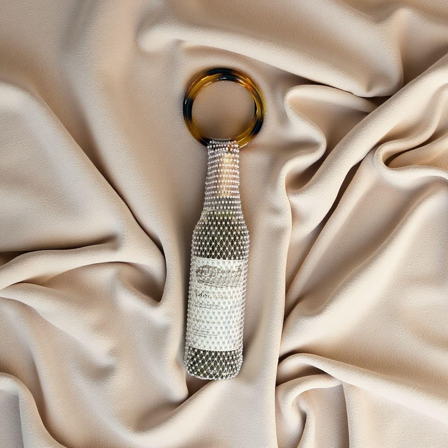 Munyee Hua Rhinestone Wine Bottle Holder Bag Reusable Tote Carrier Crystal Mesh Evening Purse with Ring Handle Gift Bags Carrier for Birthday Picnic Party Wedding (Brown Handle White Rhinestone) image 3