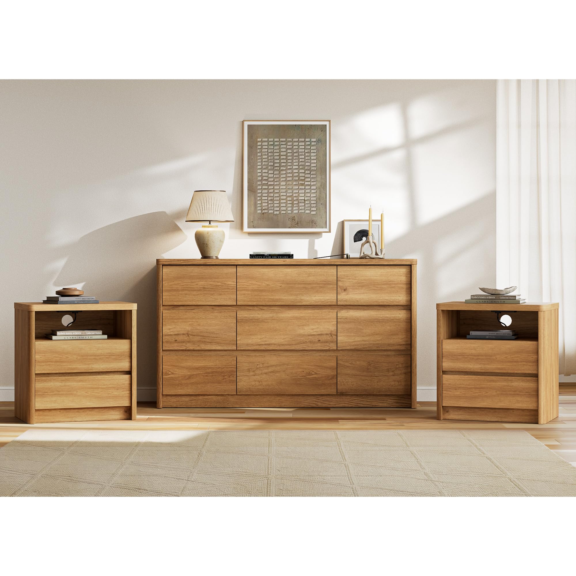 NowMais 3 Pieces of Dresser and Nightstand Set,55 Inch Width 9-Drawer Dresser & 2-Drawer Nightstands Set of 2,Nightstand with USB&Type C Charging