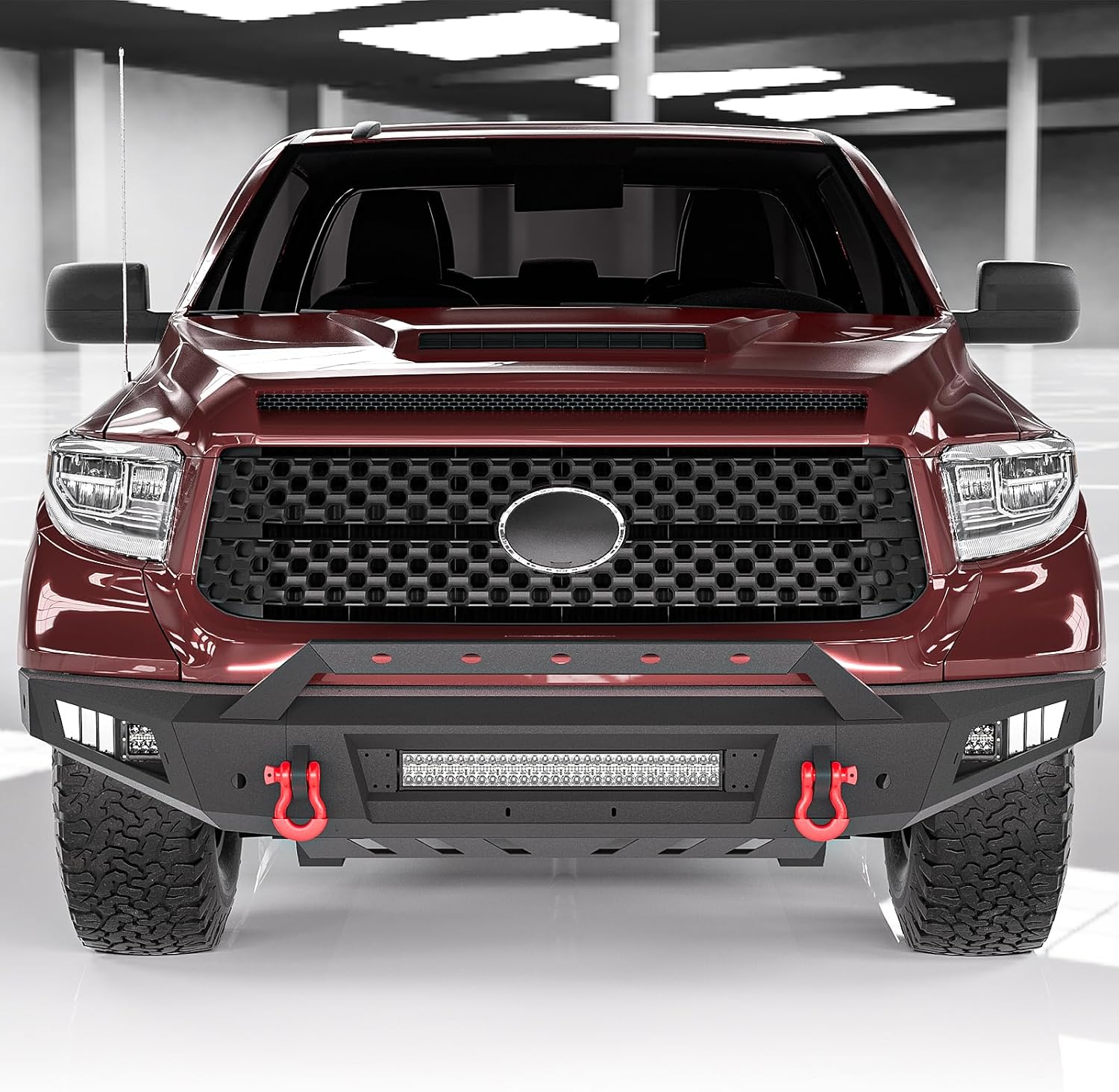 Tundra Front Bumper Compatible for 2014-2021 Toyota Tundra Pickup Trucks, Full Width Front Bumper with 139W Long Light Bar & 2 x 39W LED Light & D-rings & License Plate Bracket