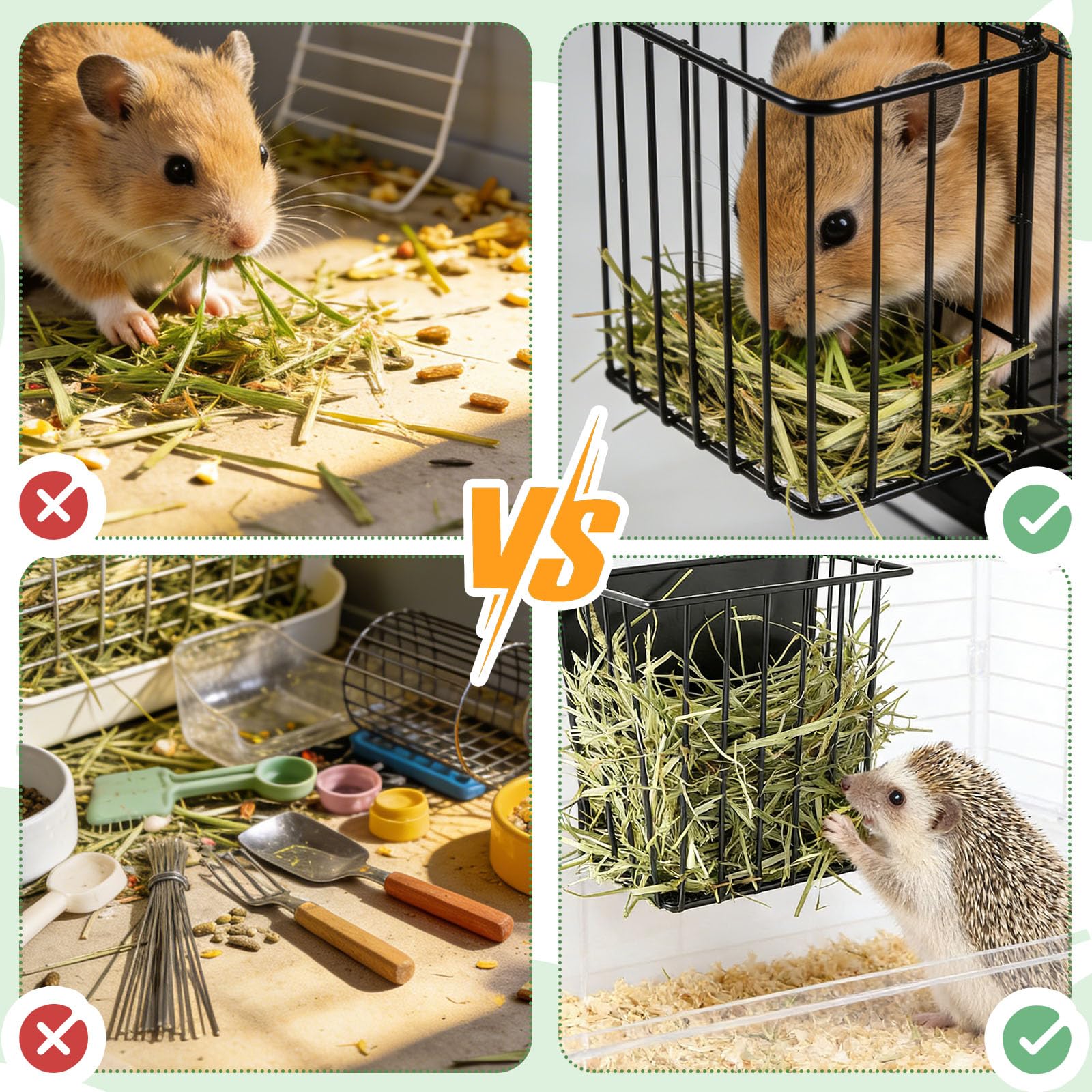 Comedero de heno para conejos, estante de heno colgante de metal con dispensador de bebidas de 125 ml, estante de almacenamiento de suministros de alimentos para mascotas pequeñas, accesorio de jaula