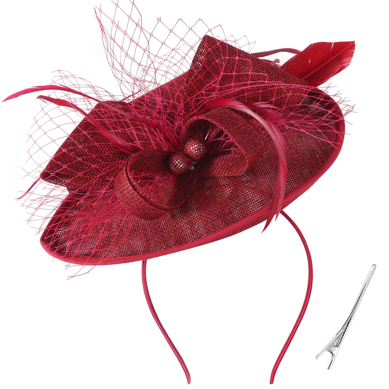 Dreshow Girls 1 Pc Single Arrow Fascinators Hat: Burgundy Flower With Single Arrow Feather Fascinators Hat Headband And A Forked Clip Bridal Headwear Derby Fascinator Pillbox Hat Headdress For & Women