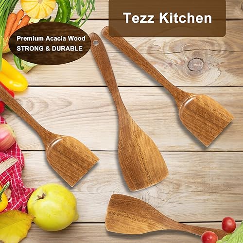 Miniatura 6 de Espátulas de madera, 2 piezas de utensilios de cocina de madera de acacia natural para sartén antiadherente, espátula para voltear y wok, cucharas