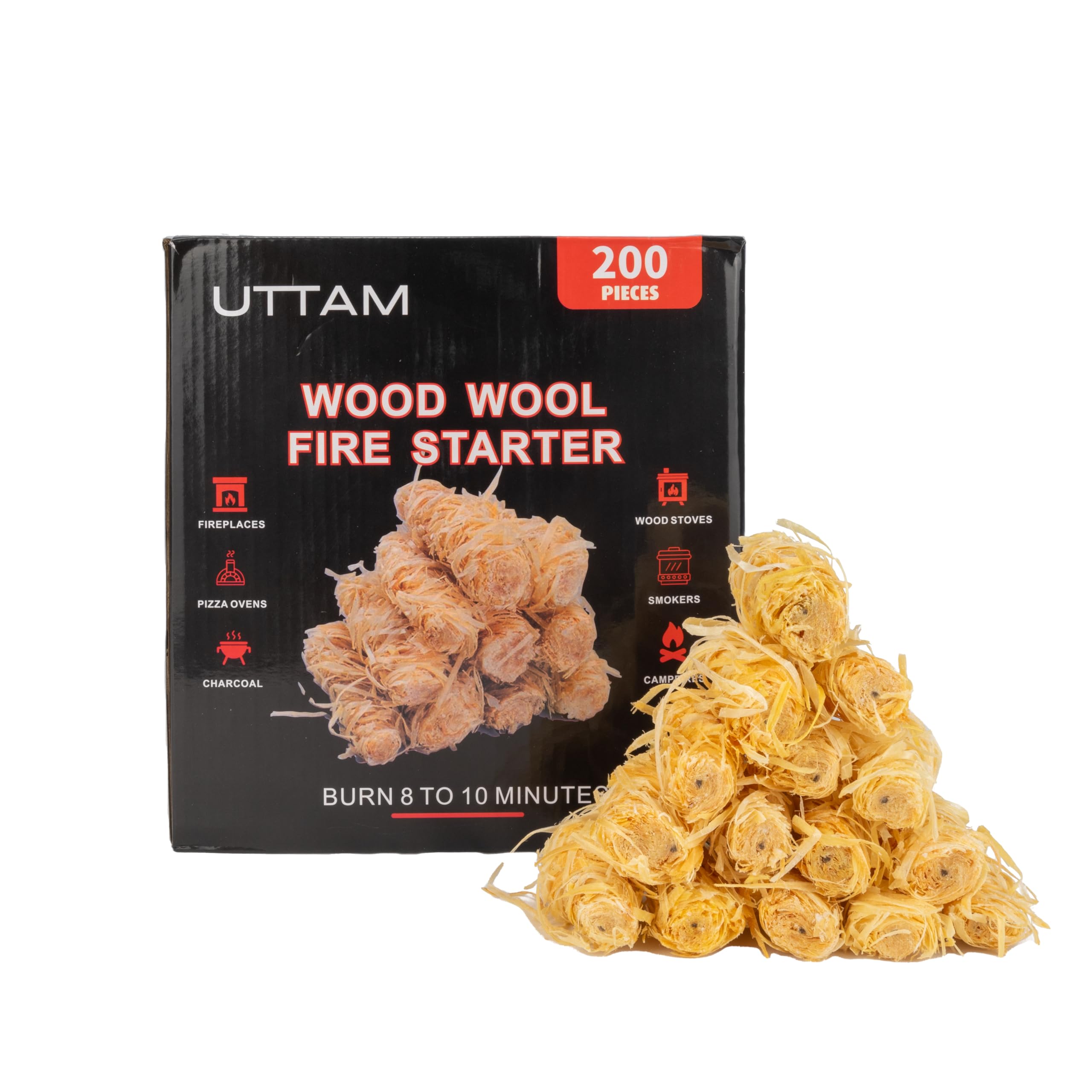 UTTAM - 200 Natural Fire lighters - Fire Starters for BBQ, Stove, Fireplace, Fire Pit - Eco-Friendly Fire Lighters for Wood Burners, Eco Wood Wool Firelighters
