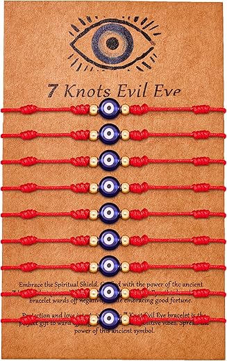 9pcs Evil Eye 7 Knot Lucky Bracelets, Rakhi for Brother and Bhabhi Adjustable Red String Amulet for Women Men with Gold Bead, Protection Jewelry Hand Bracelet B0CHFP77LB