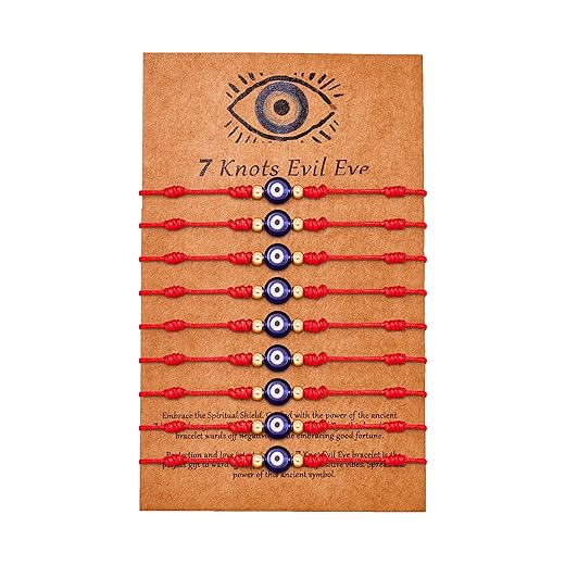 9pcs Evil Eye 7 Knot Lucky Bracelets, Rakhi for Brother and Bhabhi Adjustable Red String Amulet for Women Men with Gold Bead, Protection Jewelry Hand Bracelet