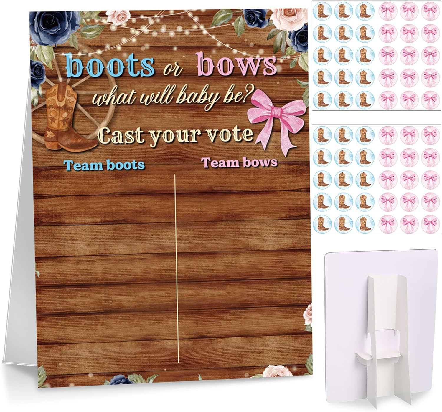Poen Boots or Bows Gender Reveal Game with Stand, 60 Bows & Boots Stickers