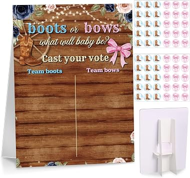 Poen Boots or Bows Gender Reveal Game Board with Stand, 60 Pink Bow & Brown Boot Stickers, Cast Your Vote Baby Shower Party Supplies, Boy or Girl Guessing Game Decorations for Gender Reveal Party