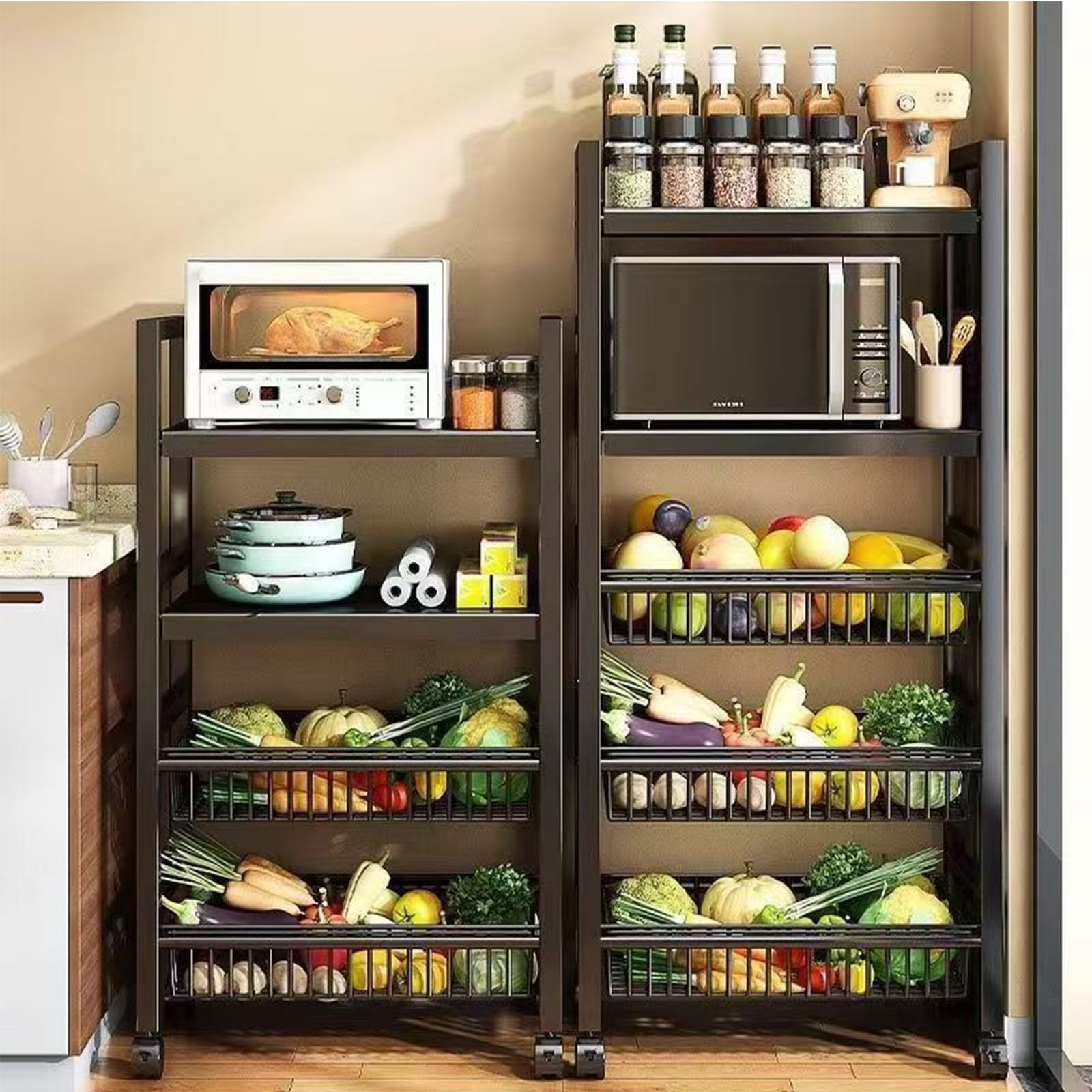 Un Etagère de Stockage en Métal Robuste et Durable Avec 4 Couches et 4 Paniers en Maille, Equipé de Rouleaux et de Hauteur Réglable de 5 Centimètres, Adapté Cuisines (noir, 36x12.6x53in/90x32x135cm)