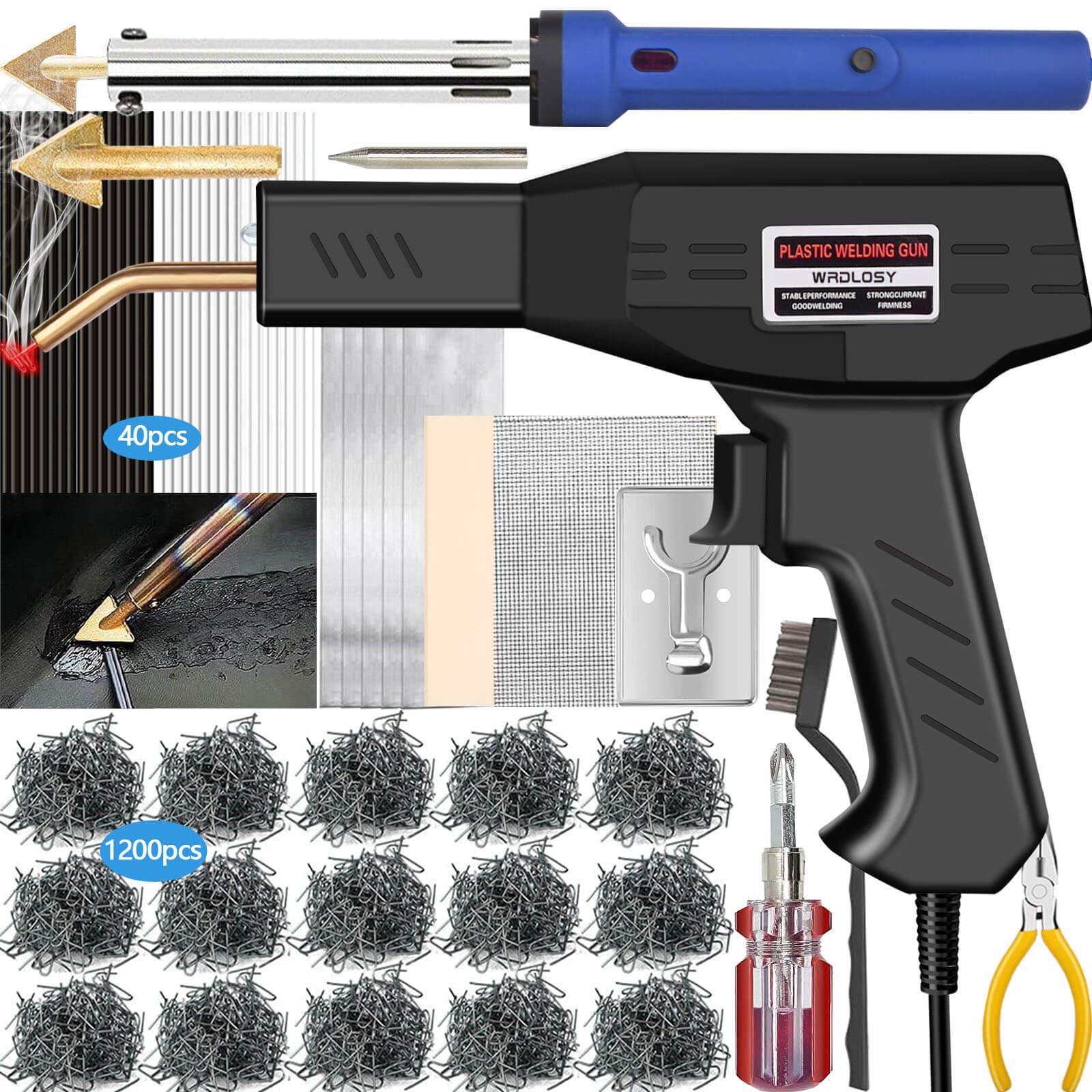 Wrdlosy 220W Plastic Welder, 1200PCS Staples 40PCS Rods Plastic Welding Kit, 5 in 1 Welding Tips Tape Sandpaper Wire Mesh Stand Metal Brush Screwdriver Plastic Welder Kit Bumper Repair Kit (Black)
