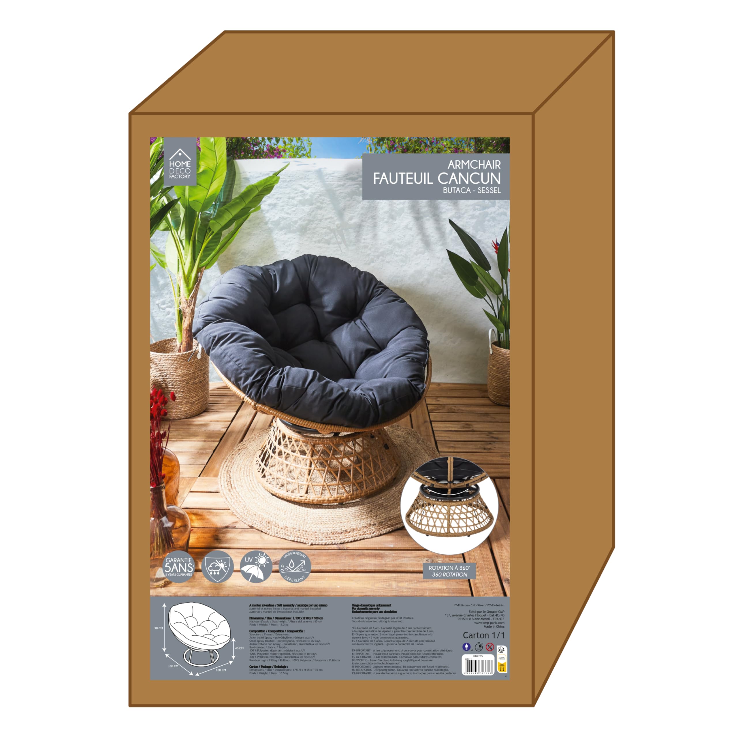 HOME DECO FACTORY, Poltrona girevole per esterni, sedia Relax rotonda, 1 posto girevole a 360°, cuscino spesso grande comfort incluso, mobili da giardino per amenagement balcone, terrazza salotto da