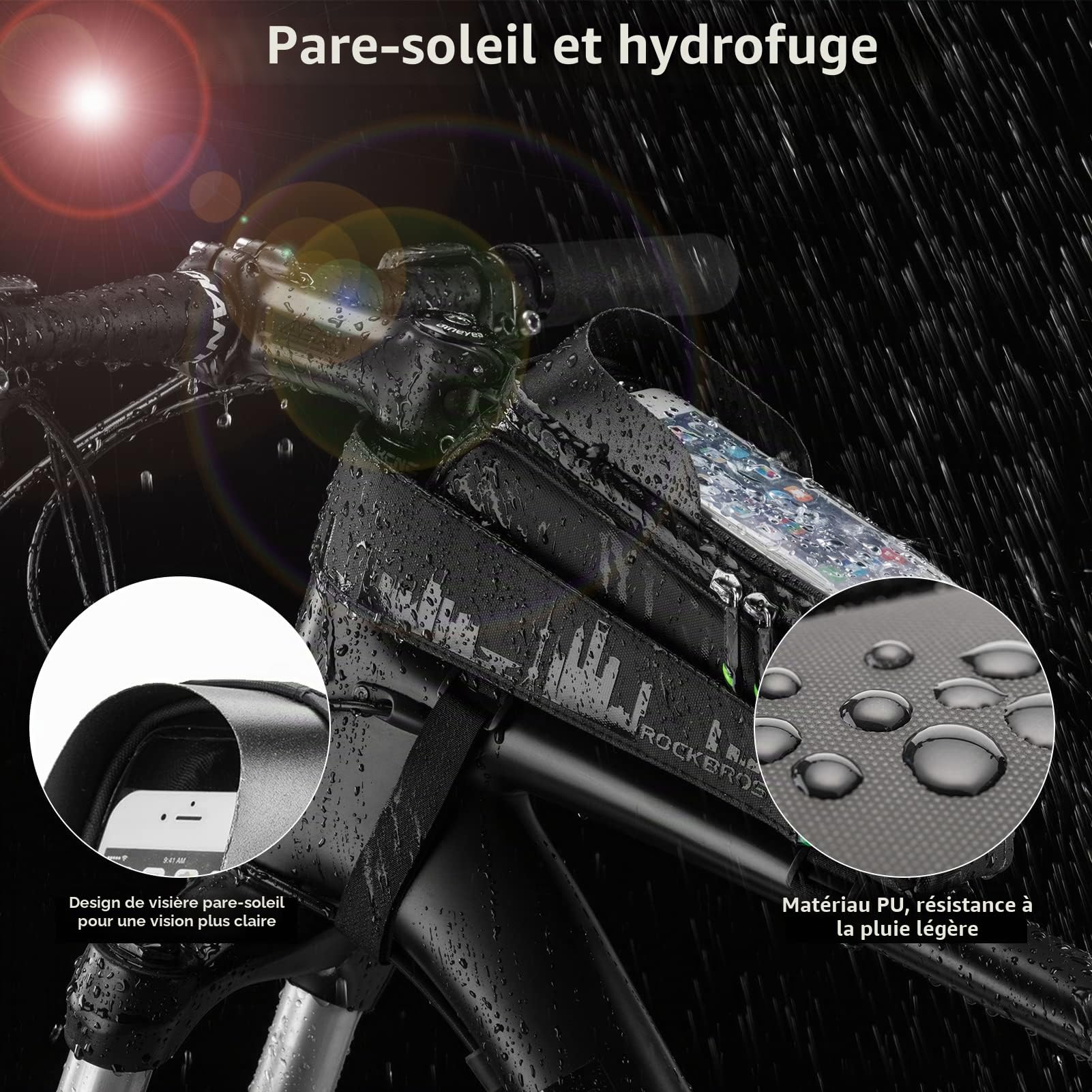 ROCKBROS Sacoche de Cadre Vélo 1,5L Support de Téléphone sous 6,5 Pouces 2 en 1 Vélo Route Sac Rangement Vélo Électrique Écran TPU Tactile Sensible Anti Éclaboussure Smartphone VTT Pare-Soleil Noir