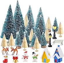 PLULON 33Pcs Mini Christmas Village Accessories Green Bottle Brush Trees with Miniature Xmas Ornaments Toys, Snowman Deer Figures for Winter Holiday Decorations