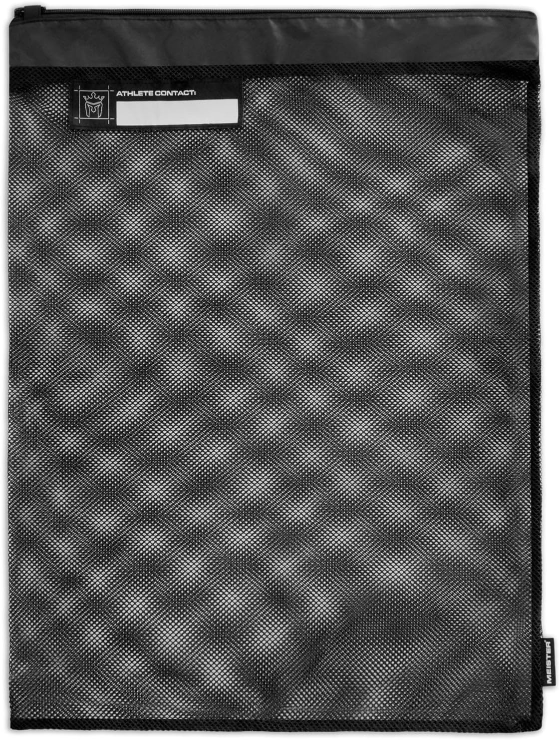 Meister Athlete XL Wash Bag, laid flat, showing mesh material and 'Athlete Contact' tag.