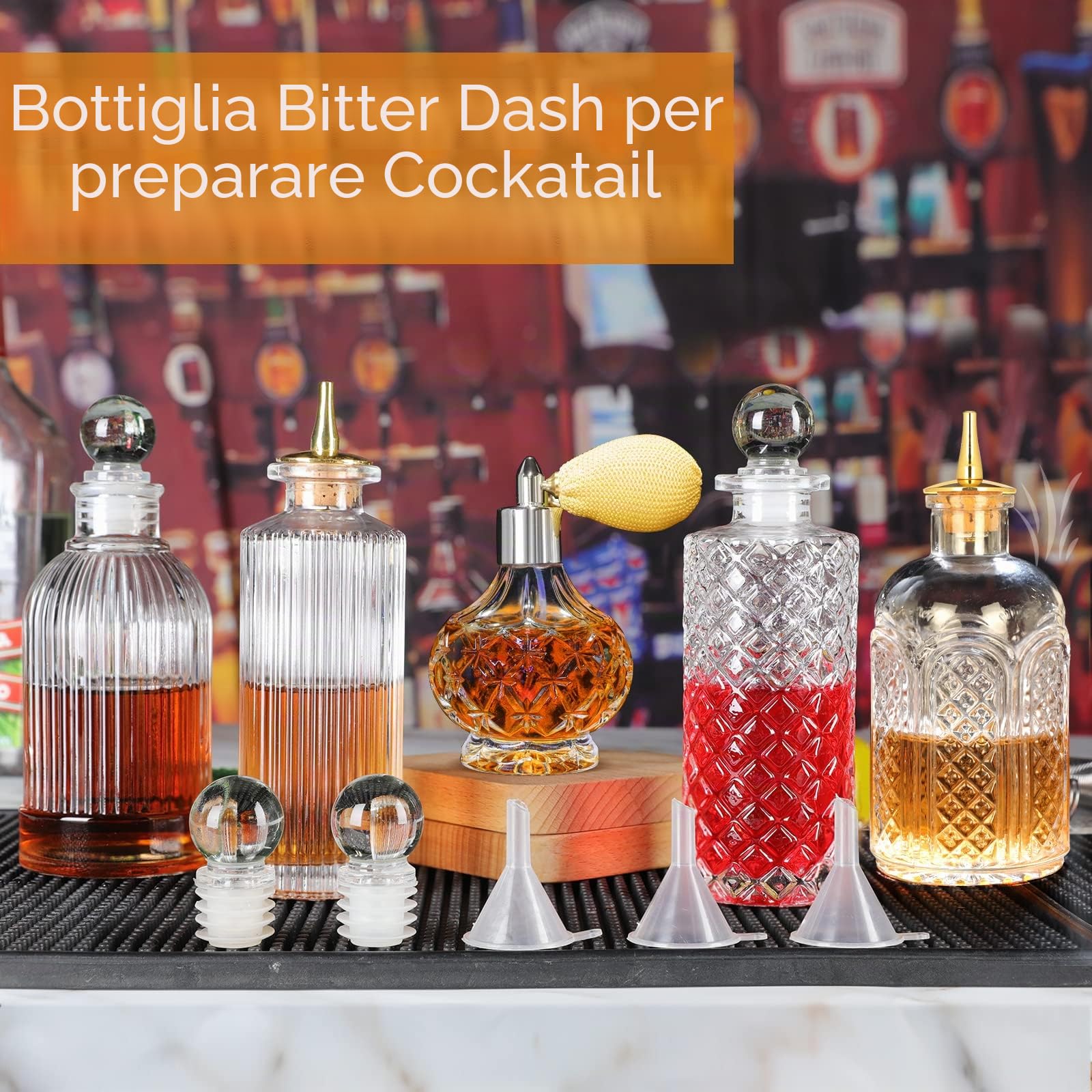 Bitter Bottiglia per Cocktail Confezione da 5 Bottiglie Atomizzatore Spray Vetro con Dash Cap Bottiglie Amaro Bottiglie Bitter Vetro Vintage per Bartender Home Bar Cocktail Whisky Bevande Miste
