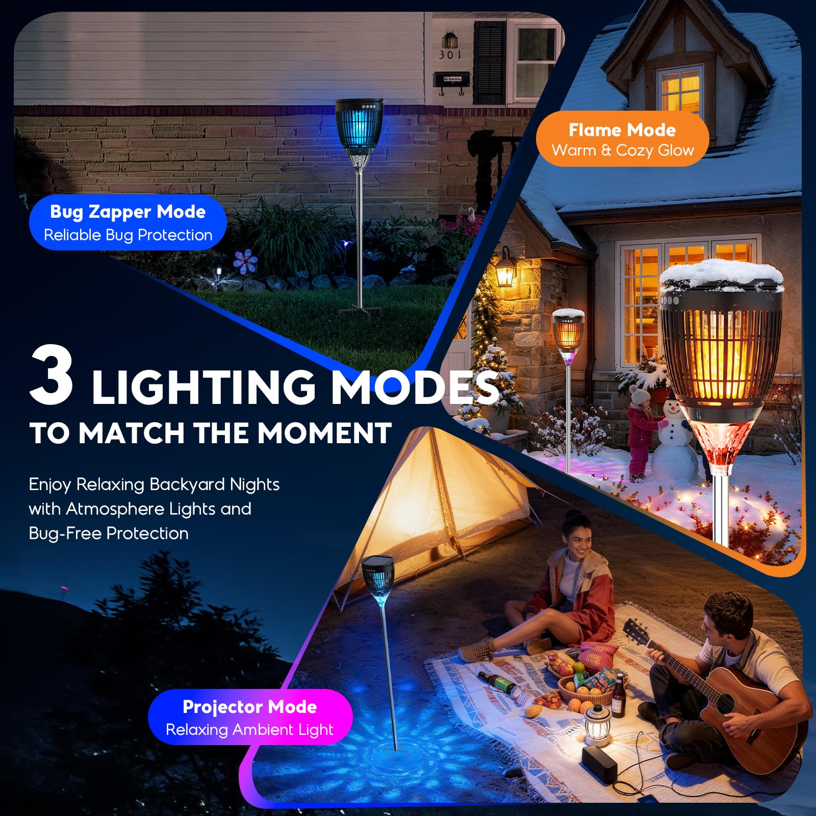 Anysun Antimosquitos Exterior Solar, Lámpara Mata Mosquitos 4200V con Luz de Llama y Proyector Nebulosa, Batería Recargable 3000mAh, USB, IPX5, Sensor Inteligente, para Terraza, Jardín (Negro)