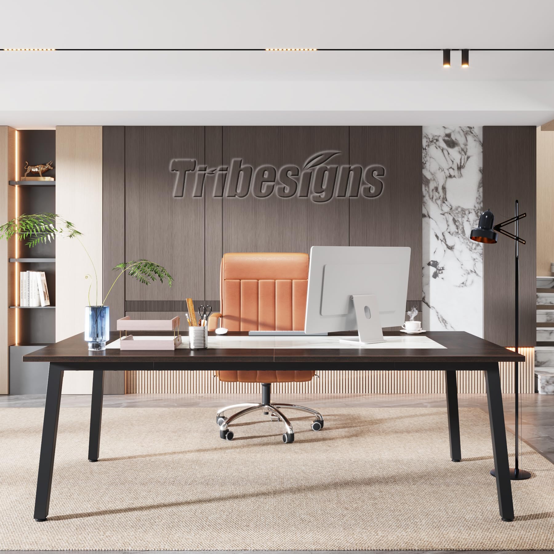 Tribesigns Large Conference Table Grande Tavolo da conferenze, Legno Ingegneria Metallo, Acero caffè + Calacatta Bianco + Nero, L
