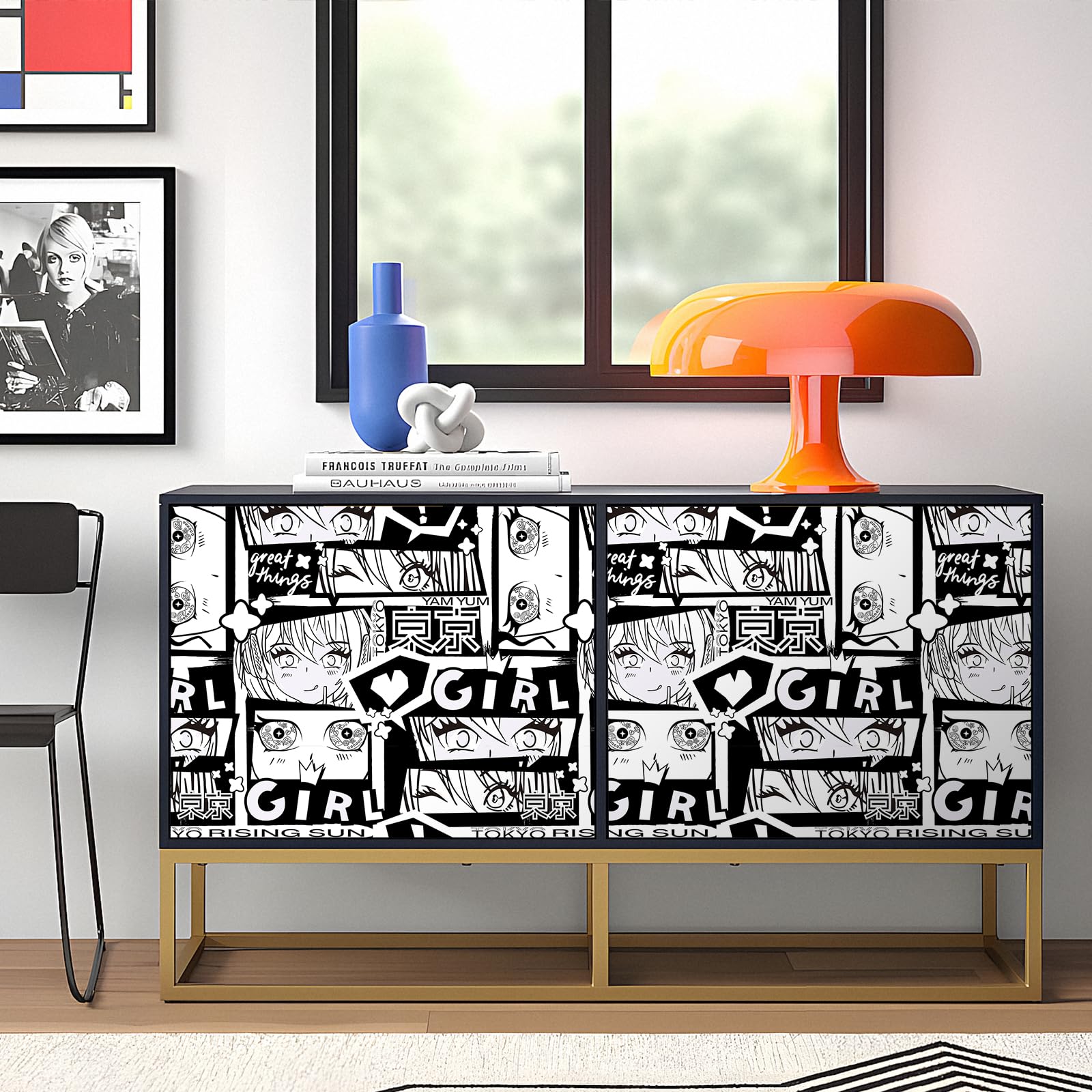 Livelynine 44,5 x 701 cm anime giapponese Peel & Stick carta da parati rimovibile per camera da letto moderna in bianco e nero graffiti murale murale affittuario amichevole carta da contatto