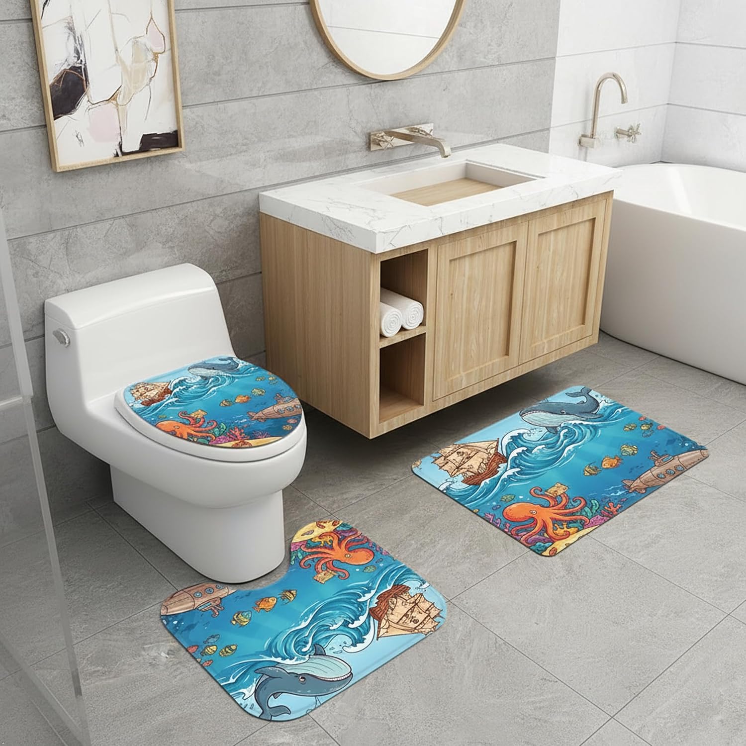 Ocean Bathroom Set with Rugs,Whale Shower Curtain Sets with Rugs,Waterproof Shower Curtain with Non-Slip Rugs, Toilet Lid Cover and Mat,Set de baño completo