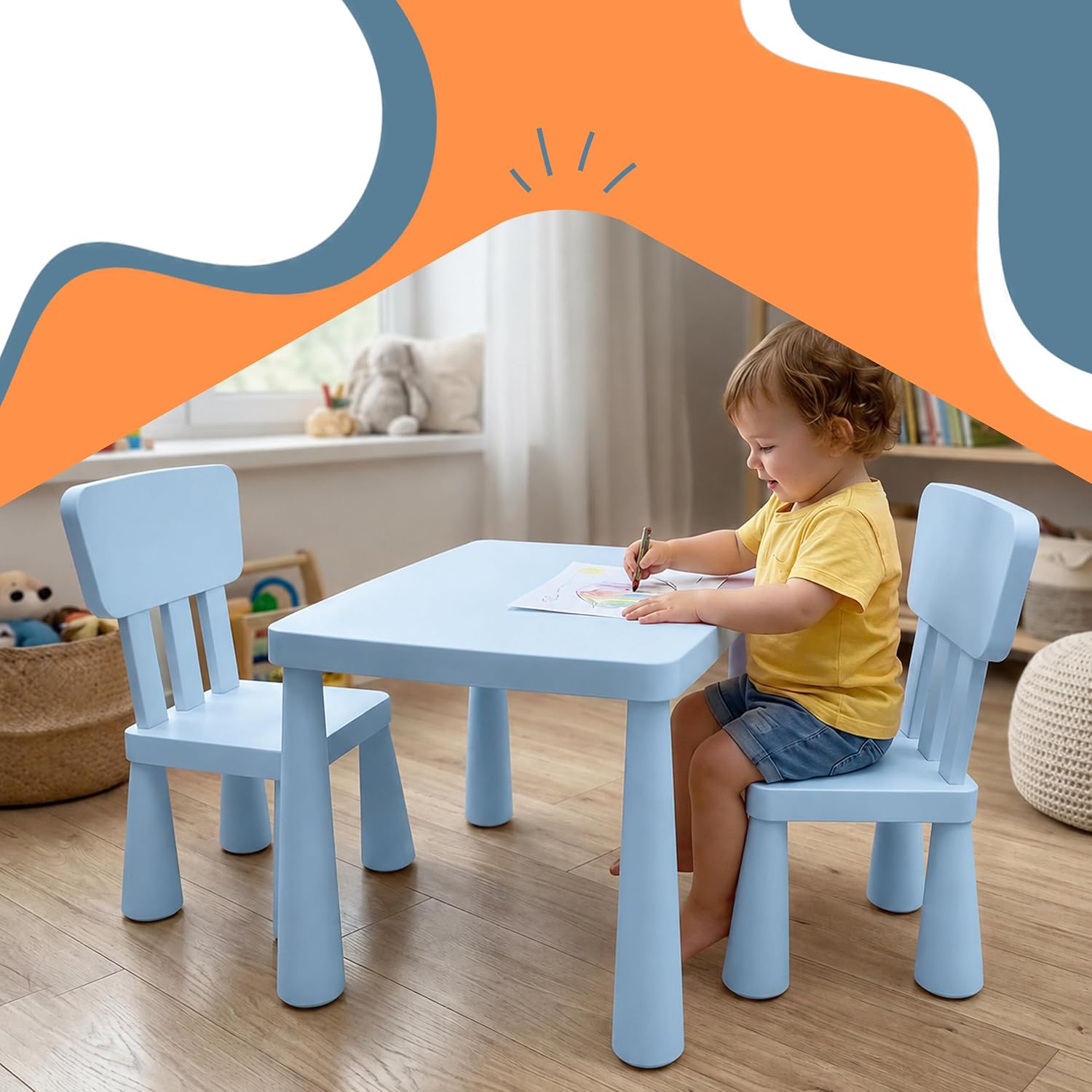 Relaxdays Children's Furniture Set, 1 Children's Table, 2 Chairs, Wipe-Clean, Lightweight Plastic, Seating Corner for Children's Room, Blue