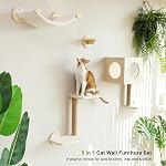 FUKUMARU Cat Wall Shelves, 5-Piece Wall-Mounted Furniture Set, Stable Wooden Kitty Climber with Hammock, House, Steps, Scratching Post - Beige