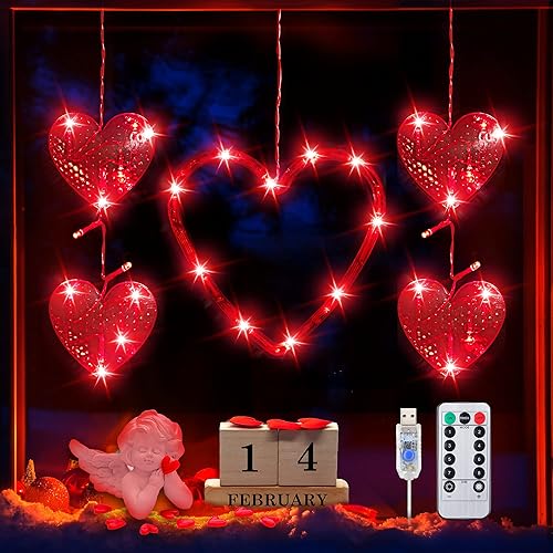 8 modos de luz de corazón para ventana de San Valentín, luces de corazón rojas, luces de fondo para exteriores, interiores, hogar, dormitorio, boda,