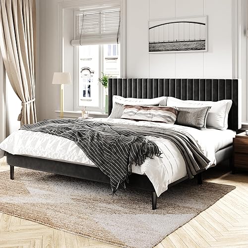 Miniatura 3 de Sismplly Base de cama tamaño Queen con cabecera tapizada de terciopelo, cama de plataforma con listones de madera fuertes, base de colchón, somier