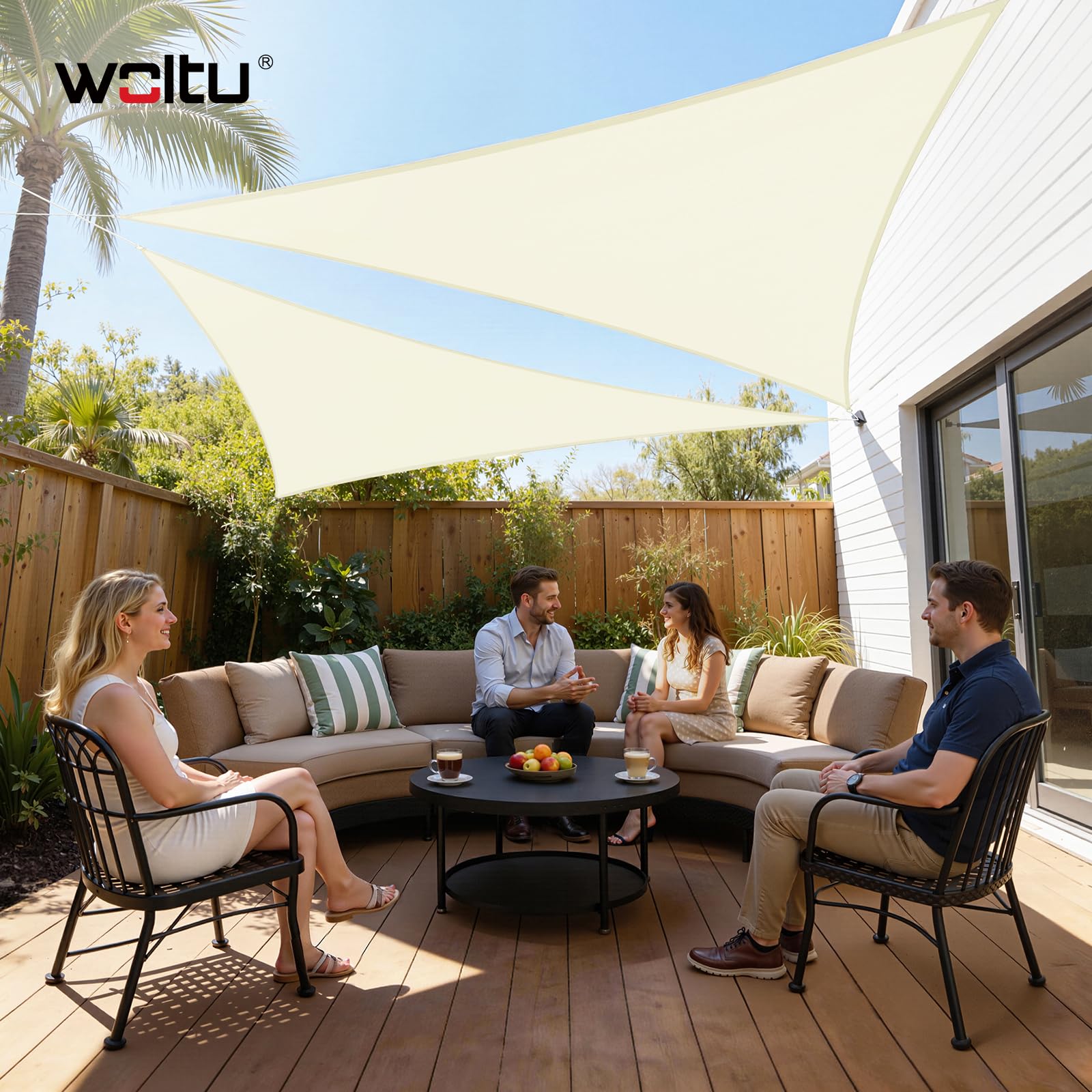 WOLTU Toldo Vela de Sombra Triangular 5x5x7 m HDPE Transpirable Anti Rayos UV Solar protección 85% Resistente y para Jardín, Patio, Exteriores Arena, Crema