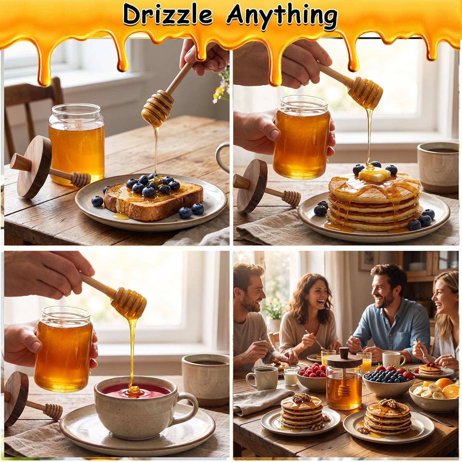 Honey Pot 18oz Glass with Dipper and Lid, Honey Jar with Wooden Honey Dippers, Maple Syrup Dispenser, Wide Mouth Honey Containers - Perfect Bee Decoration for Home Kitchen