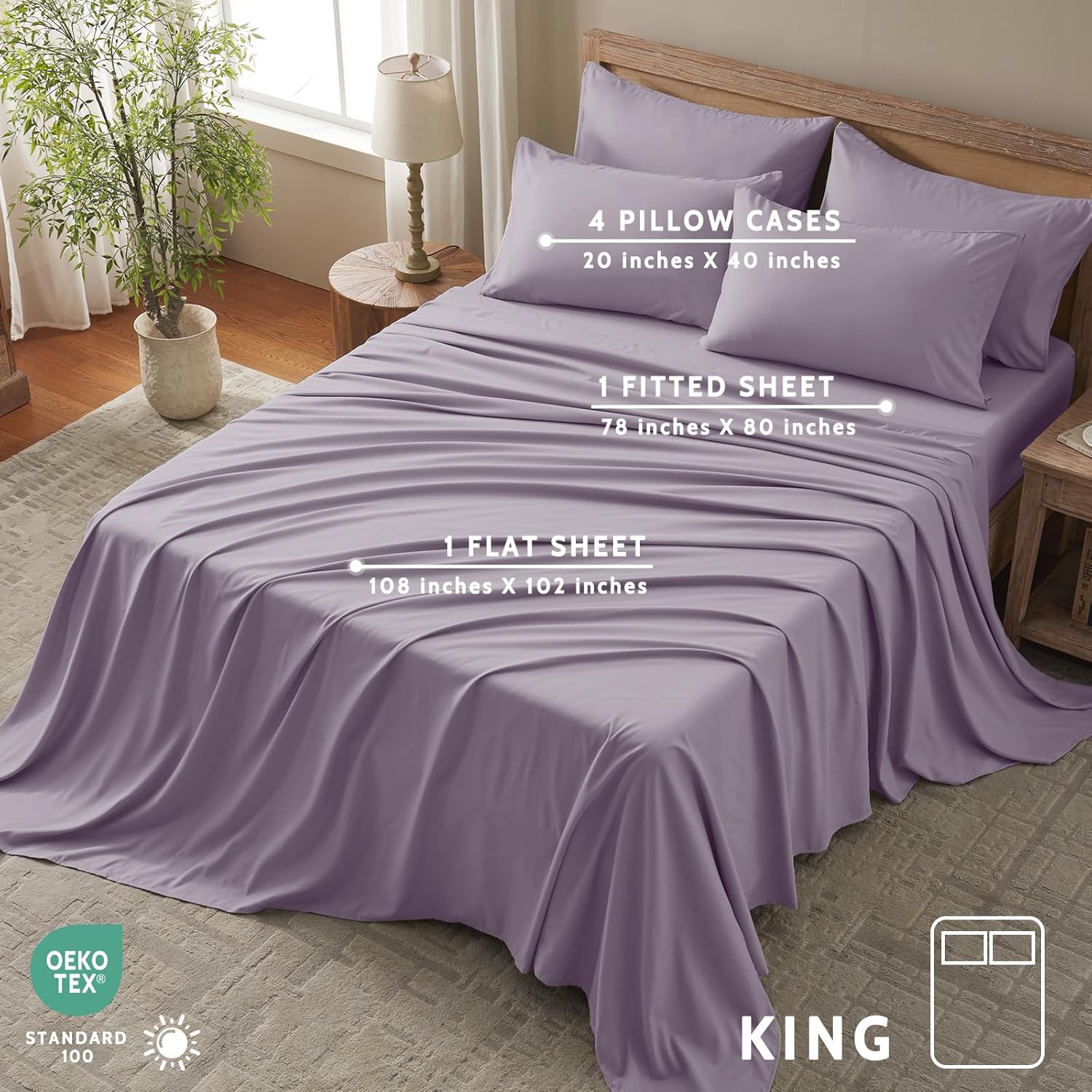 King Size Sheets Set - 6 Piece Luxuriously Soft & Cooling Sheets King Size - Ultra Soft 16" Deep Pocket King Sheet Set - Fitted Sheet & Pillowcase Sets (King Lavender)