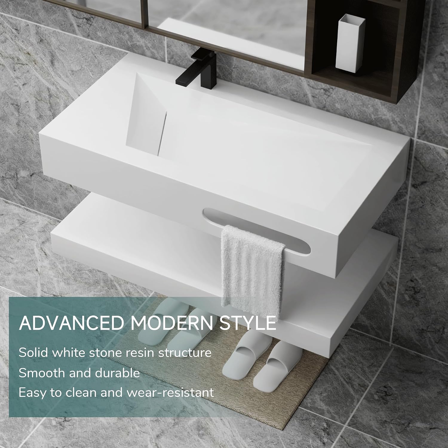 Gesipor 32x19 inch double stone resin bathroom sink with a towel hanging from the integrated towel bar and various items on the lower shelf.