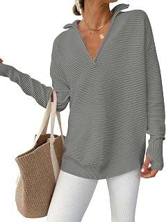 ANRABESS Women's Quarter Zip V-Neck Fall Sweater, Soft Viscose Blend Pullover