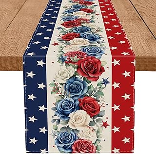 4th of July Table Runner Red White and Blue Flowers Stripe Stars 13x72 Inch Memorial Day Independence Day Patriotic Kitchen Table Decoration for Home