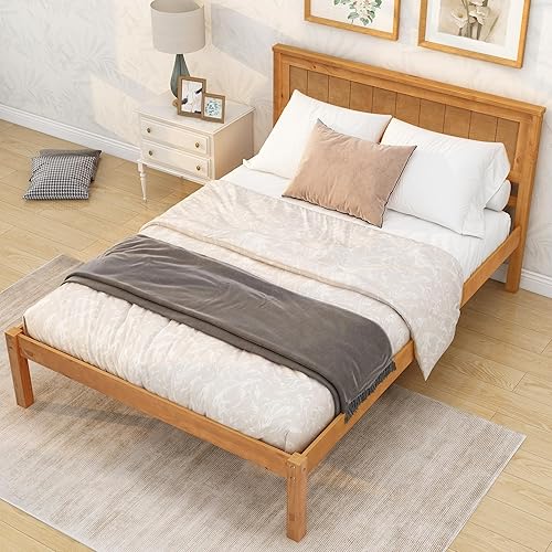 Merax Full Size Wood Platform Bed : Bed with Headboard, Wood Slat Support, No Box Spring Needed,Full Size Platform Bed,Oak